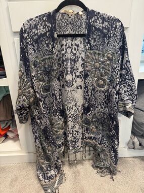 Soft Surroundings Navy & Cream Patterned Open-Front Kimono
